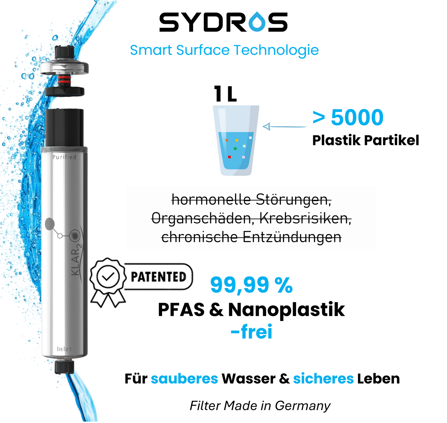Klar2O Wasserfilter - filtert bis zu 99,99% Mikroplastik, Nanoplastik & PFAS - in Deutschland entwickelt, unabhängig getestet und mehrfach wissenschaftlich bestätigt