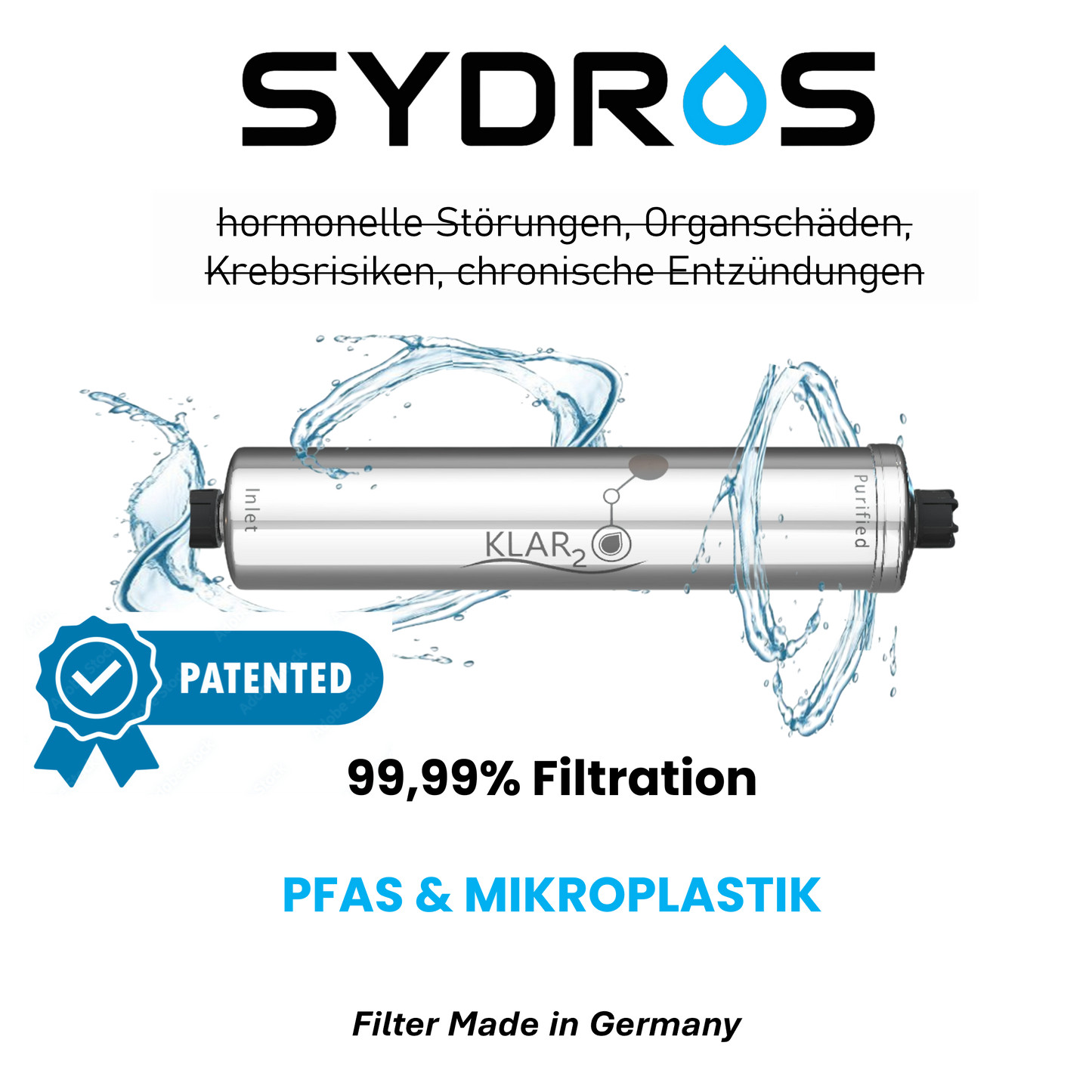 SYDROS Klar2O Filter mit patentierter Technologie zur Entfernung von PFAS und Mikroplastik, zeigt Wasserfluss um das Edelstahlgehäuse, Kennzeichnung „patented“ und Hinweis auf hormonelle Störungen, Organschäden und Krebsrisiken.