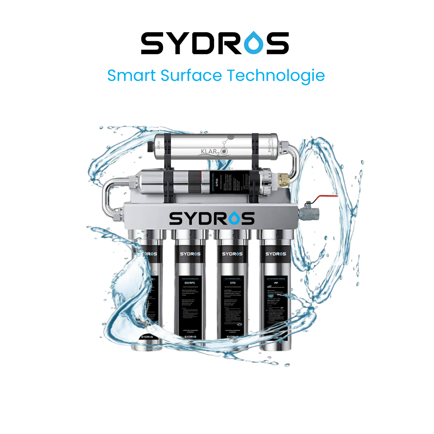 SYDROS Optimus 6-Stufen-Wasserfilter mit Klar2O Smart Surface Technologie – Edelstahl-Filtersystem zur Entfernung von Schadstoffen, Nanoplastik und PFAS aus Trinkwasser.