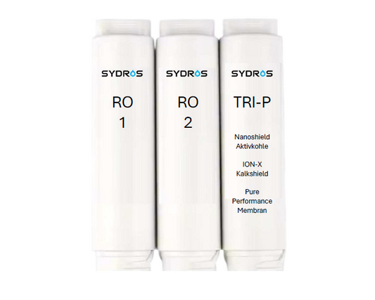 Dreiteiliges SYDROS ROLEXIS Filterset bestehend aus RO 1, RO 2 und TRI-P Kartuschen mit Nanoschild-Aktivkohle, ION-X Kalkschutz und Pure-Performance-Membran für maximale Wasserreinheit.