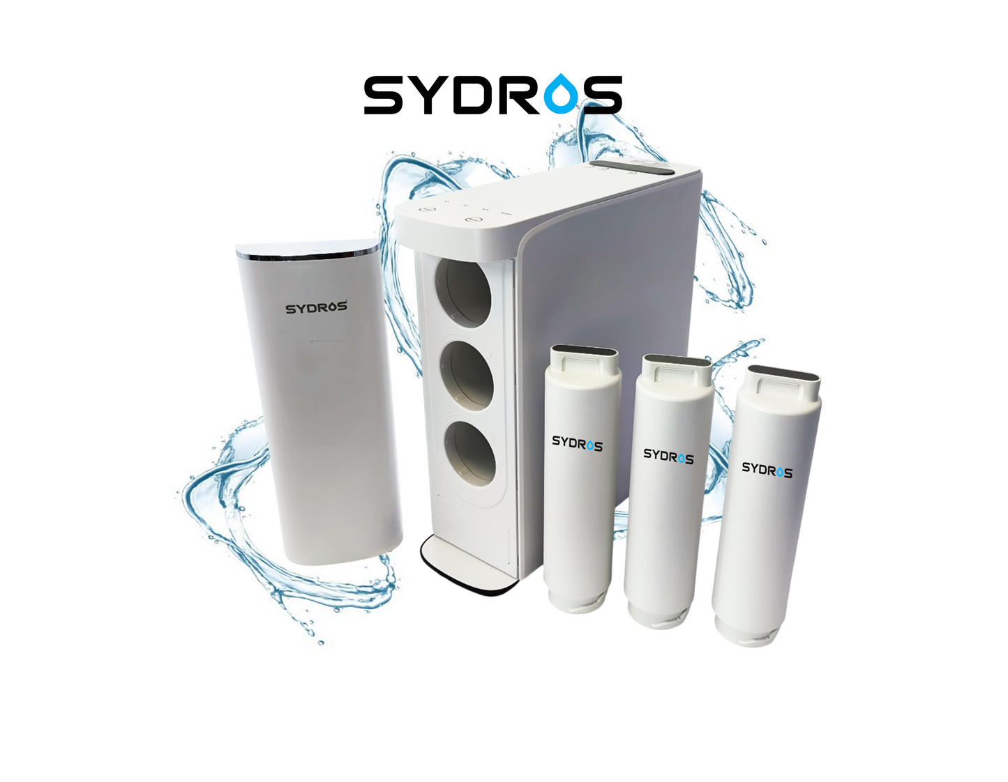 SYDROS RO 800 – komplettes Umkehrosmosesystem mit drei Filterkartuschen, modernem, tanklosem Design und hocheffizienter Wasseraufbereitungstechnologie.