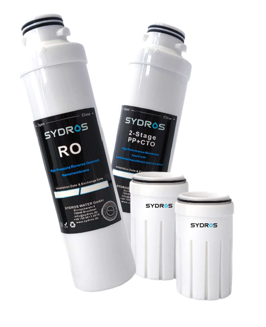 SYDROS Rolexis Ersatzfilter-Set mit RO-Membran und 2-Stufen-PP-CTO-Kartuschen zur Wasseraufbereitung für Auftisch-Umkehrosmoseanlagen.