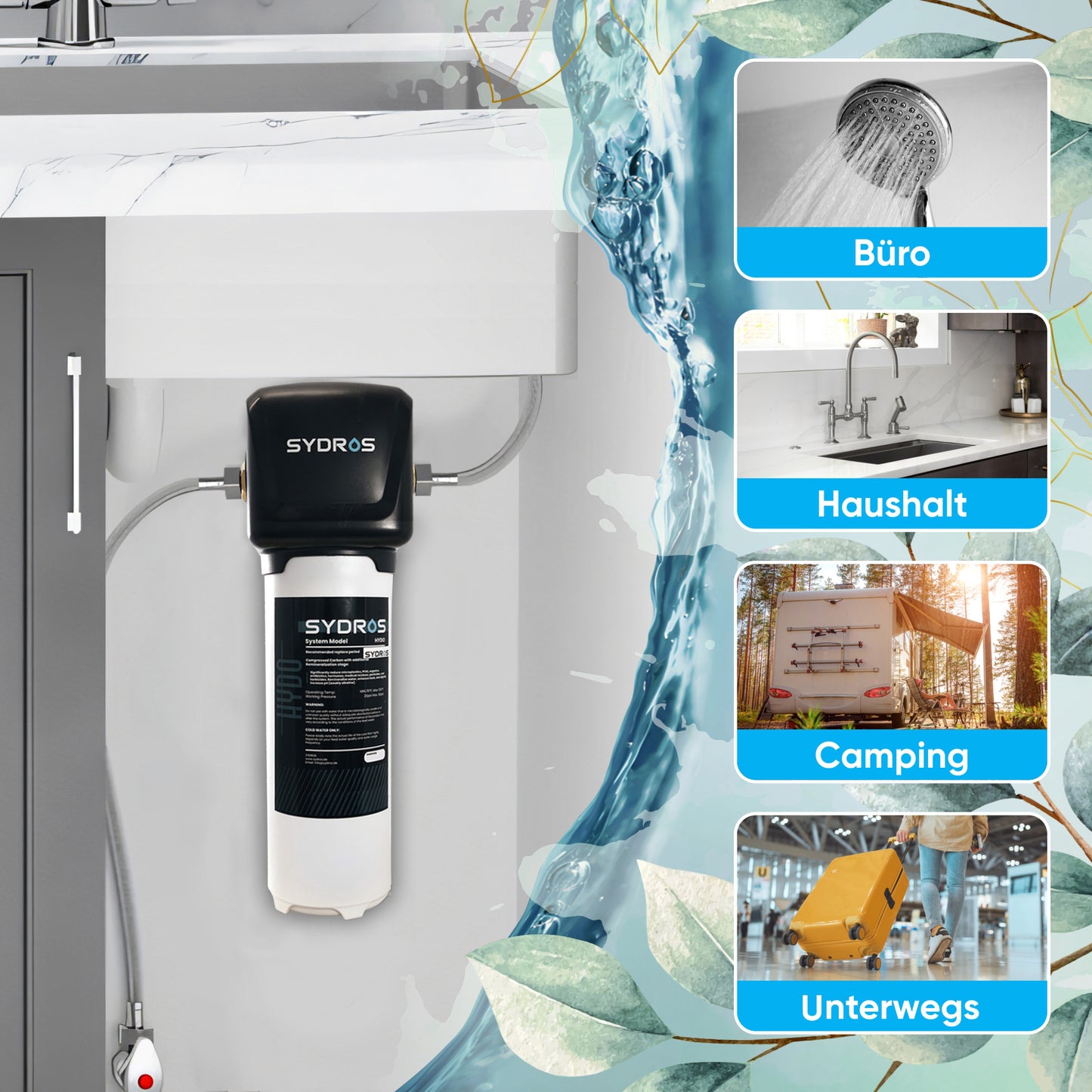Sydros Hydo Wasserfilter Bundle – Filtert über 500 Schadstoffe inkl Mikroplastik, Chlor & PFAS + Mineralisierung für reines & gesundes Trinkwasser – Einfache Installation mit Quick Connect