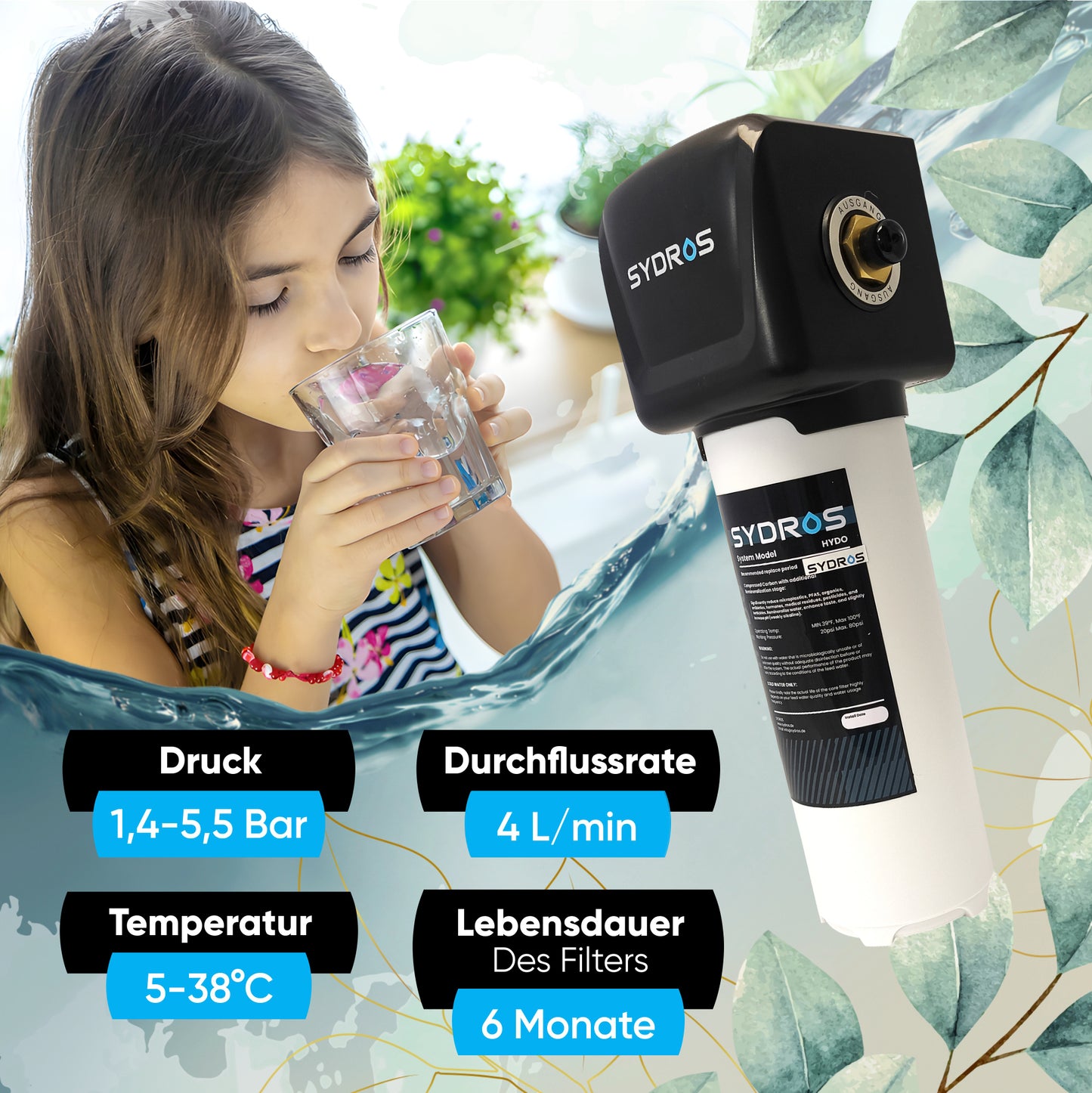 Sydros Hydo Wasserfilter Bundle – Filtert über 500 Schadstoffe inkl Mikroplastik, Chlor & PFAS + Mineralisierung für reines & gesundes Trinkwasser – Einfache Installation mit Quick Connect