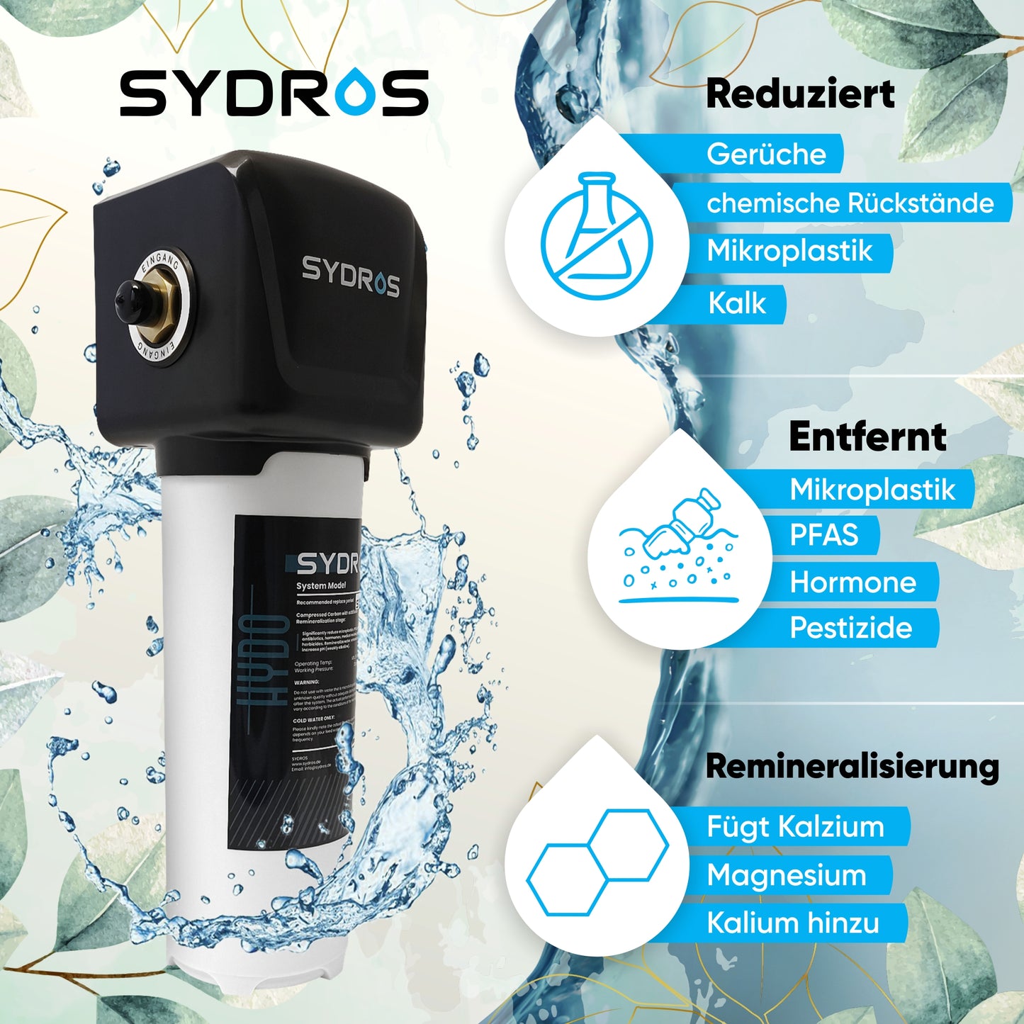 Sydros Hydo Wasserfilter – Filtert über 500 Schadstoffe inkl Mikroplastik, Chlor & PFAS + Mineralisierung für reines & gesundes Trinkwasser – Einfache Installation mit Quick Connect