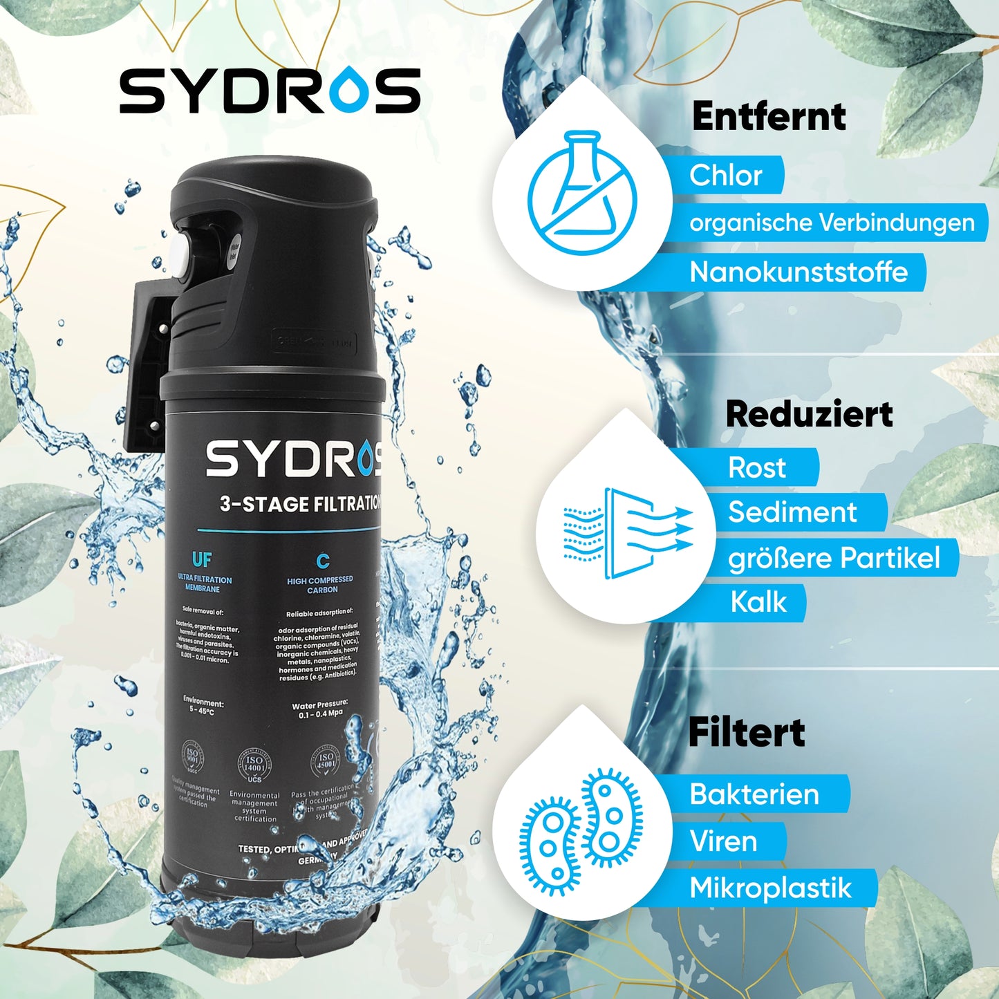 Sydros Performance Ersatz Wasserfilter – 3-Stufen-Filter, das kleine Wunder gegen Mikroplastik, Chlor & PFAS, Filtert über 500 Schadstoffe - Sorgt für reines, vitales Trinkwasser & besseren Geschmack