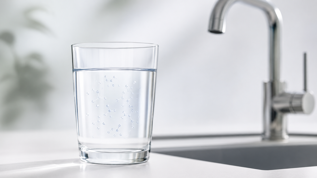 Ein Glas Wasser mit PFAS Molekülen auf dem Küchen Tresen