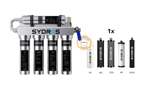 Sydros Optimus Bundle entfernt Kalk, Mikroplastik, PFAS & Chlor, filtert 500+ Schadstoffe – Hochleistungs-Inline-Filter für kristallklares Trinkwasser in Küche & Büro