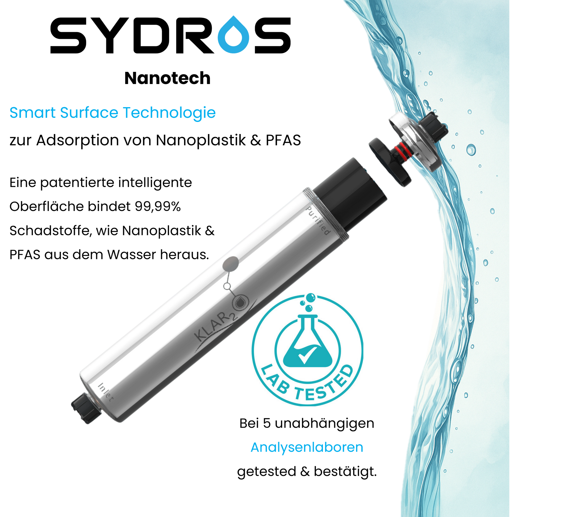 Illustration des Klar2O Spezialfilters mit Smart-Surface-Technologie, getestet in unabhängigen Analyselaboren für hocheffiziente Wasserreinigung.