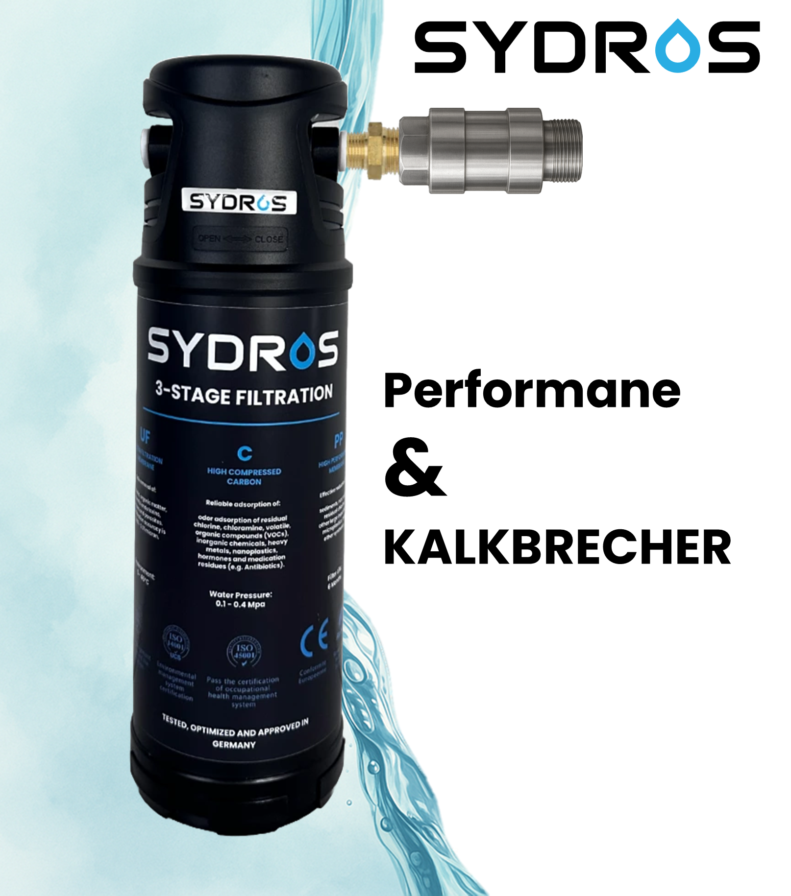 SYDROS Performance 3-Stufen-Wasserfilter kombiniert mit SYDROS Kalkbrecher – leistungsstarke Trinkwasserfiltration mit zusätzlichem Kalkschutz