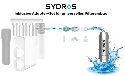 SYDROS UV-C Filter mit Adapter-Set für universellen Einbau in verschiedene Wasserfiltersysteme – kompatibel mit Umkehrosmose- und Aktivkohlefiltern.