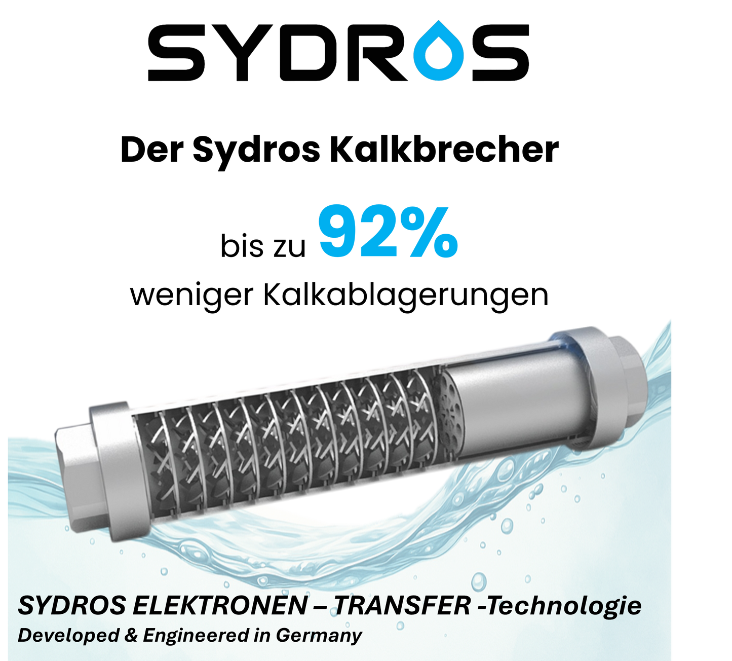 Der Sydros Kalkbrecher mit Elektronen-Transfer-Technologie reduziert Kalkablagerungen um bis zu 92 % und wurde in Deutschland entwickelt.