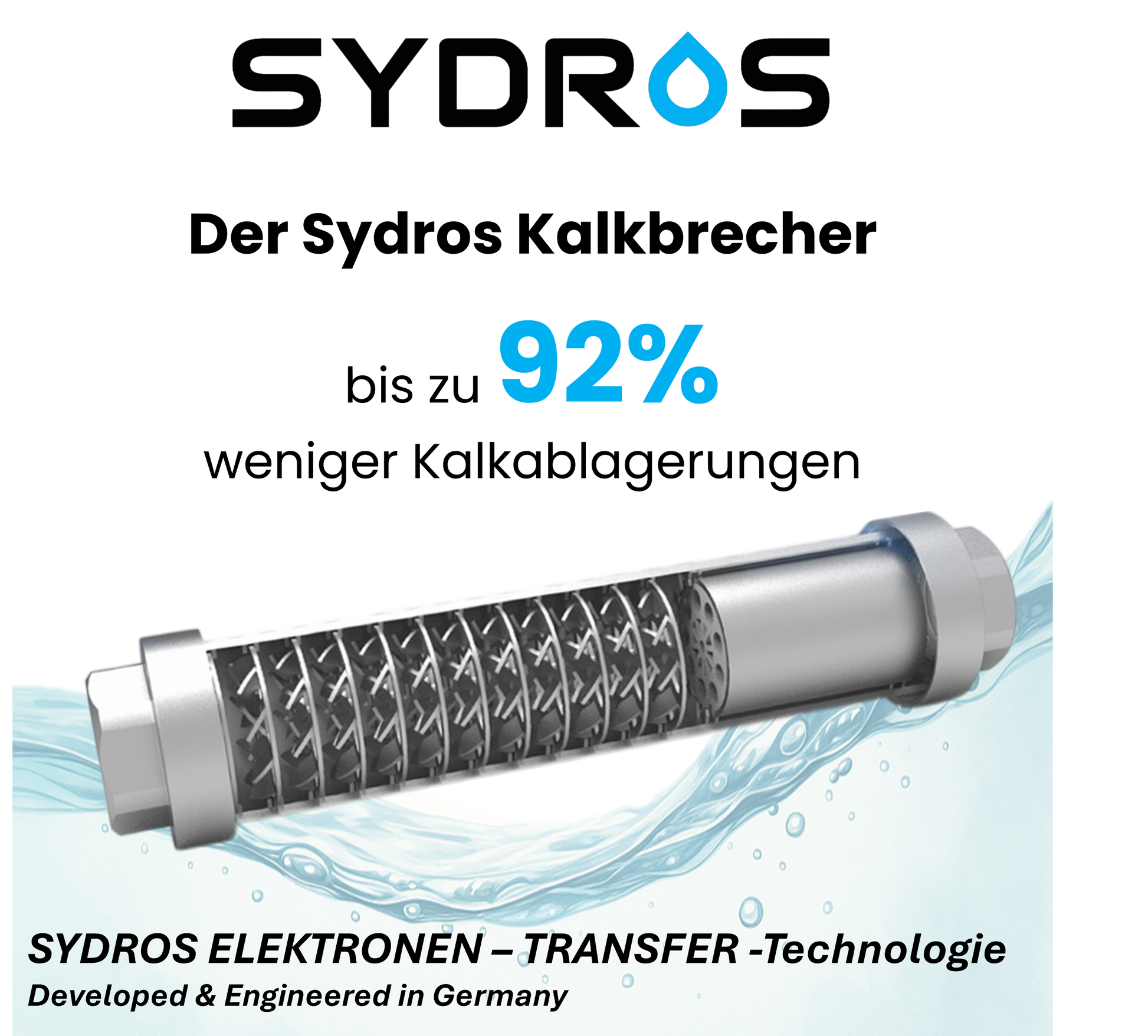 Der Sydros Kalkbrecher mit Elektronen-Transfer-Technologie reduziert Kalkablagerungen um bis zu 92 % und wurde in Deutschland entwickelt.