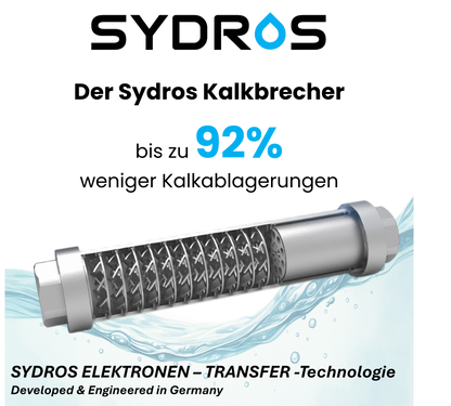 Der Sydros Kalkbrecher mit Elektronen-Transfer-Technologie reduziert Kalkablagerungen um bis zu 92 % und wurde in Deutschland entwickelt.