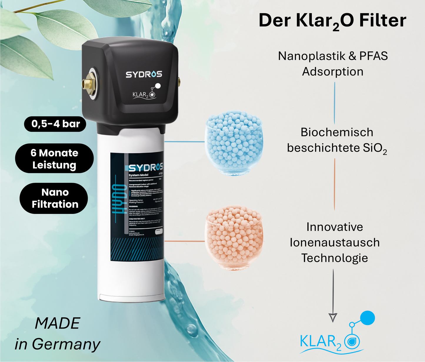 SYDROS  HYDO-Klar2O Wasserfilter mit biochemisch beschichtetem SiO₂-Medium zur Adsorption von Nanoplastik und PFAS – innovative Ionenaustausch-Technologie, Made in Germany.