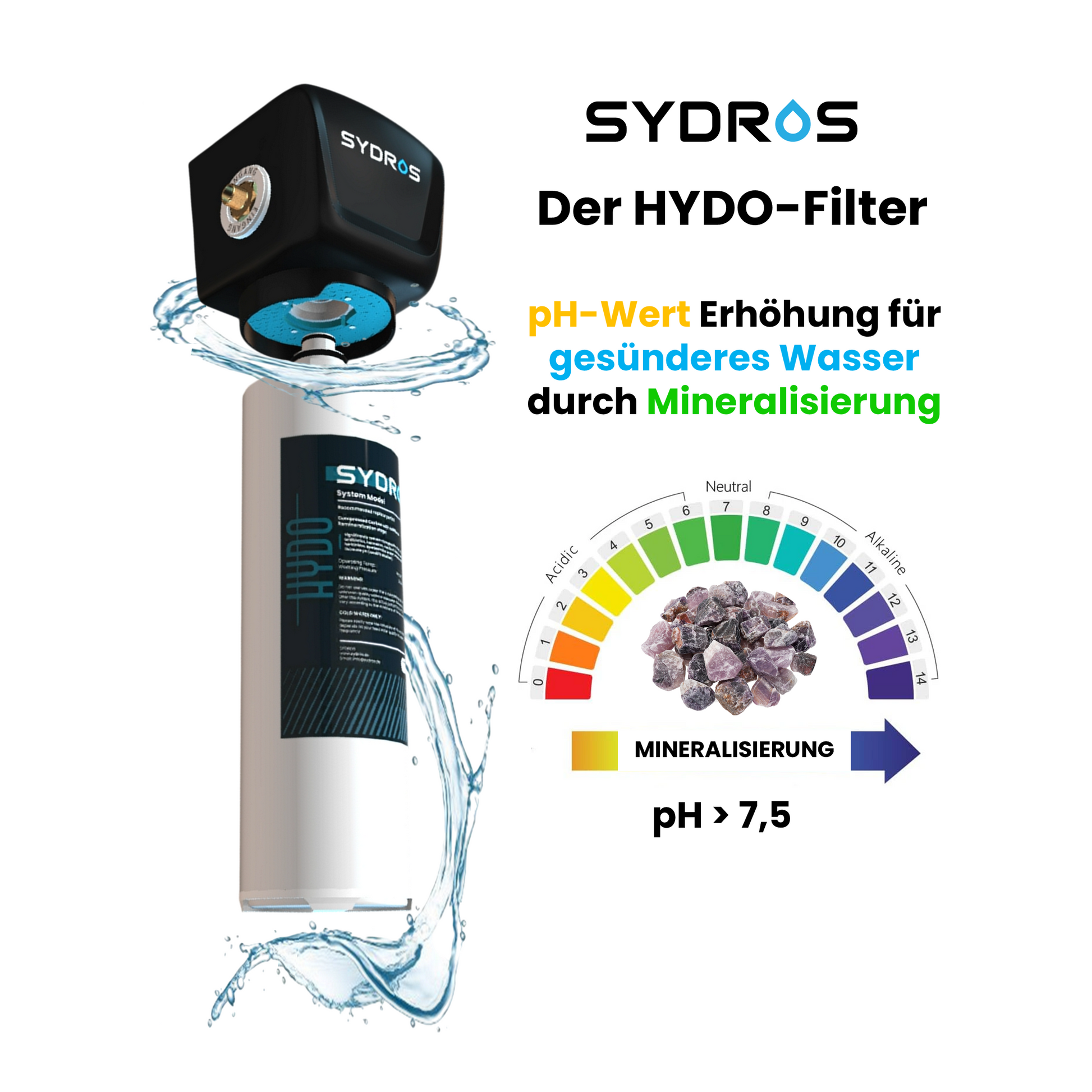 SYDROS HYDO Wasserfilter mit pH-Wert-Erhöhung über 7,5 durch natürliche Mineralisierung – sorgt für basisches, gesundes Trinkwasser mit ausgewogener Mineralstoffbalance.