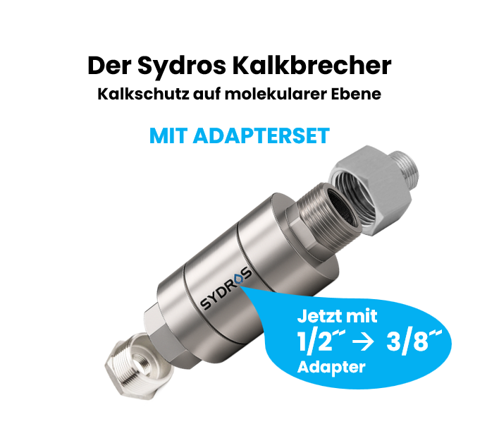 SYDROS Kalkbrecher aus Edelstahl mit ½″ auf ⅜″ Adaptersatz – chemiefreier Kalkschutz auf molekularer Ebene zur Reduktion von Kalkablagerungen in Wasserleitungen.