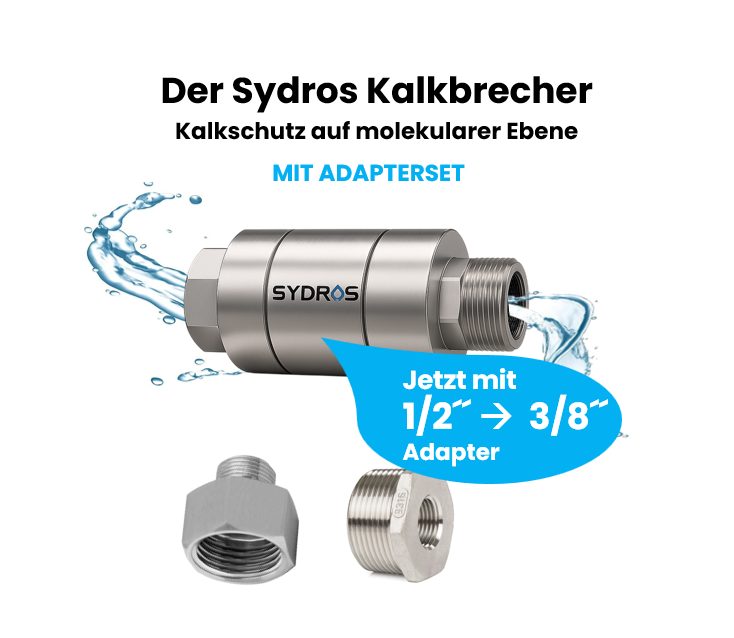 SYDROS Kalkbrecher aus Edelstahl mit ½″ auf ⅜″ Adapterset – molekularer Kalkschutz für Wasserleitungen, chemiefrei und wartungsarm, ideal für Küche und Haushalt.