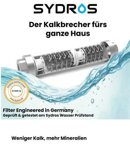 Der Sydros Kalkbrecher aus hochwertigem Edelstahl für das ganze Haus – entwickelt, geprüft und getestet am Sydros Wasserprüfstand in Deutschland.