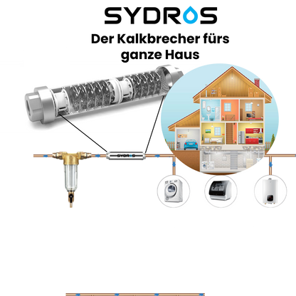 Installationsschema des SYDROS Kalkbrechers für das gesamte Haus, zeigt die Integration in die Hauptwasserleitung mit Schutz für Waschmaschine, Boiler und Haushaltsgeräte.