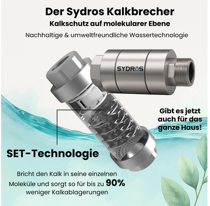 Der Sydros Kalkbrecher mit SET-Technologie bietet molekularen Kalkschutz für das ganze Haus und reduziert Kalkablagerungen um bis zu 90 %.