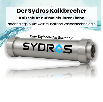 Der Sydros Kalkbrecher aus Edelstahl bietet nachhaltigen Kalkschutz auf molekularer Ebene durch umweltfreundliche Wassertechnologie.