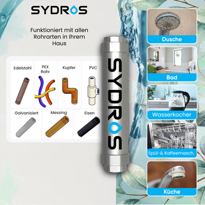 Der Sydros Kalkbrecher funktioniert mit allen Rohrarten wie Edelstahl, Kupfer, PVC und Messing und schützt Dusche, Bad, Küche und Haushaltsgeräte vor Kalk.