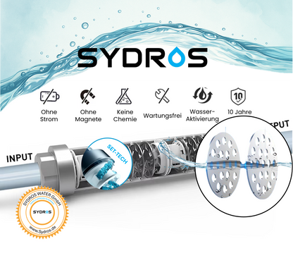 Querschnitt des Sydros Kalkbrechers mit SET-Technologie zeigt wartungsfreie Wasseraktivierung ohne Strom, Chemie oder Magnete mit 10 Jahren Lebensdauer.