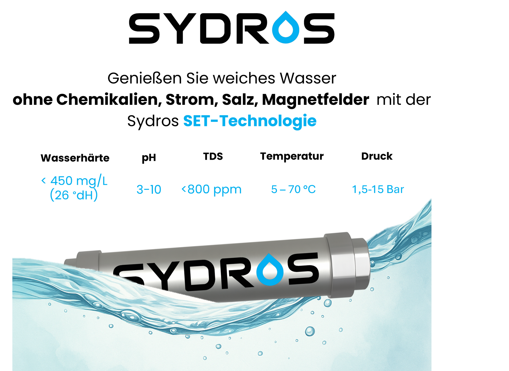 Technische Daten des Sydros Kalkbrechers mit SET-Technologie: funktioniert ohne Strom, Chemie oder Magnetfelder; für Wasserhärte bis 26 °dH, pH 3–10, TDS < 800 ppm, 5–70 °C und 1,5–15 bar.