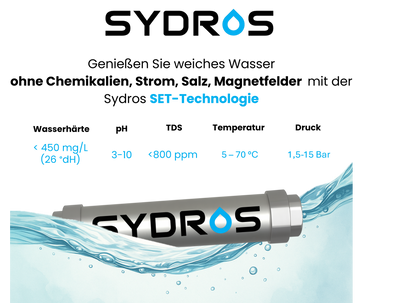Technische Daten des Sydros Kalkbrechers mit SET-Technologie: funktioniert ohne Strom, Chemie oder Magnetfelder; für Wasserhärte bis 26 °dH, pH 3–10, TDS < 800 ppm, 5–70 °C und 1,5–15 bar.
