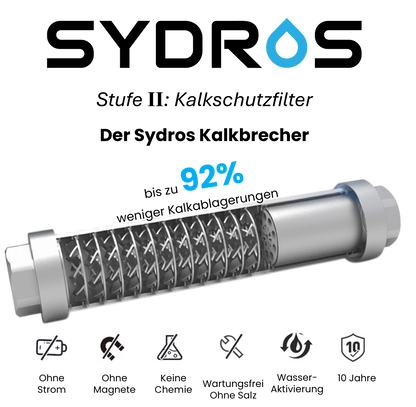 Darstellung des SYDROS Kalkbrechers mit innovativer SET-Technologie, die Kalkablagerungen um bis zu 92 % reduziert – ganz ohne Strom, Magnete oder Chemie, wartungsfrei und mit 10 Jahren Lebensdauer.