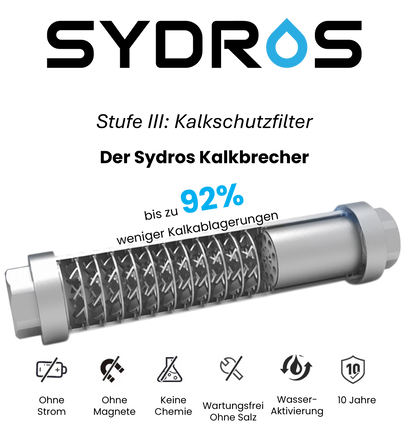 SYDROS Kalkschutzfilter mit innovativer SET-Technologie, reduziert Kalkablagerungen um 92 %, funktioniert ohne Strom, Magnete oder Chemie und ist vollständig wartungsfrei.