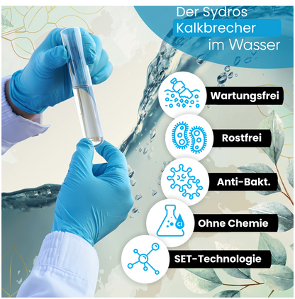 Laboranalyse mit dem Sydros Kalkbrecher im Wasser – wartungsfrei, rostfrei, antibakteriell und chemiefrei durch SET-Technologie.