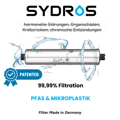 SYDROS Klar2O Filter mit patentierter Technologie zur Entfernung von PFAS und Mikroplastik, zeigt Wasserfluss um das Edelstahlgehäuse, Kennzeichnung „patented“ und Hinweis auf hormonelle Störungen, Organschäden und Krebsrisiken.