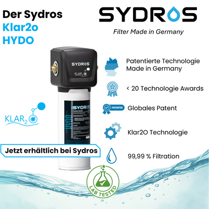 SYDROS Klar2O HYDO Wasserfilter mit patentierter Made-in-Germany Technologie, globalem Patent, mehrfach ausgezeichnetem Design und 99,99 % Filtrationseffizienz.