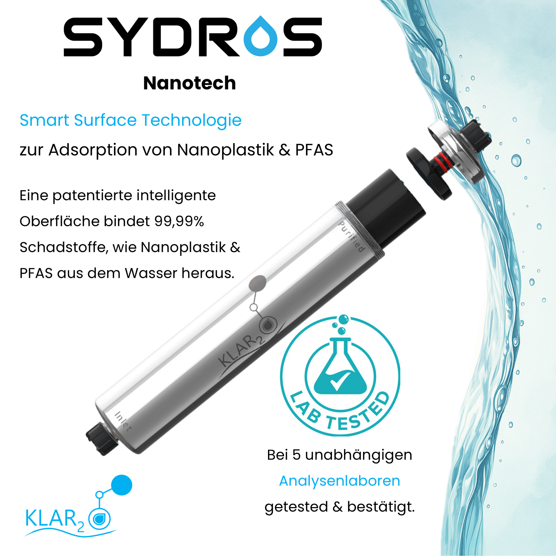 SYDROS Klar2O Nanotech Wasserfilter aus Edelstahl mit Smart Surface Technologie zur Adsorption von 99,99 % Nanoplastik und PFAS – labortestbestätigt von fünf unabhängigen Analysezentren.