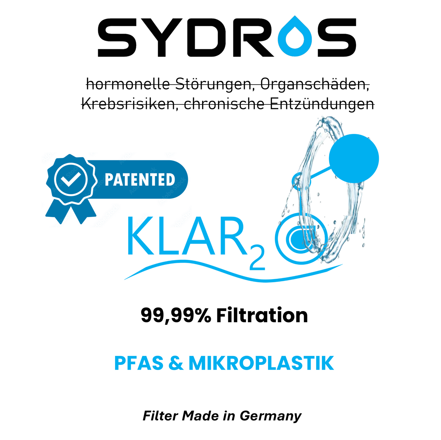 SYDROS Klar2O patentierte Filtertechnologie mit 99,99 % Filtration gegen PFAS und Mikroplastik – entwickelt in Deutschland zum Schutz vor hormonellen Störungen, Organschäden und chronischen Entzündungen.