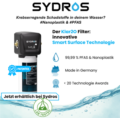 SYDROS Klar2O Wasserfilter mit innovativer Smart Surface Technologie – entfernt 99,99 % PFAS und Nanoplastik, Made in Germany, mehrfach ausgezeichnet und labortestbestätigt.