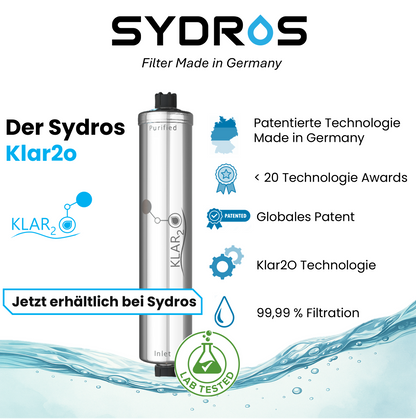 SYDROS Klar2O Wasserfilter aus Edelstahl mit patentierter Made-in-Germany Technologie, globalem Patent, 99,99 % Filtration und mehrfach ausgezeichnetem Design für reine Wasserqualität.