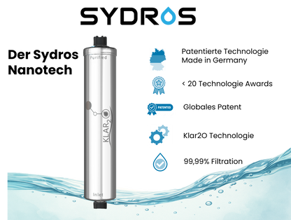 SYDROS Nanotech-Filter mit Klar2O-Technologie – patentierte deutsche Entwicklung zur Entfernung von Mikroplastik und Schadstoffen aus Trinkwasser.