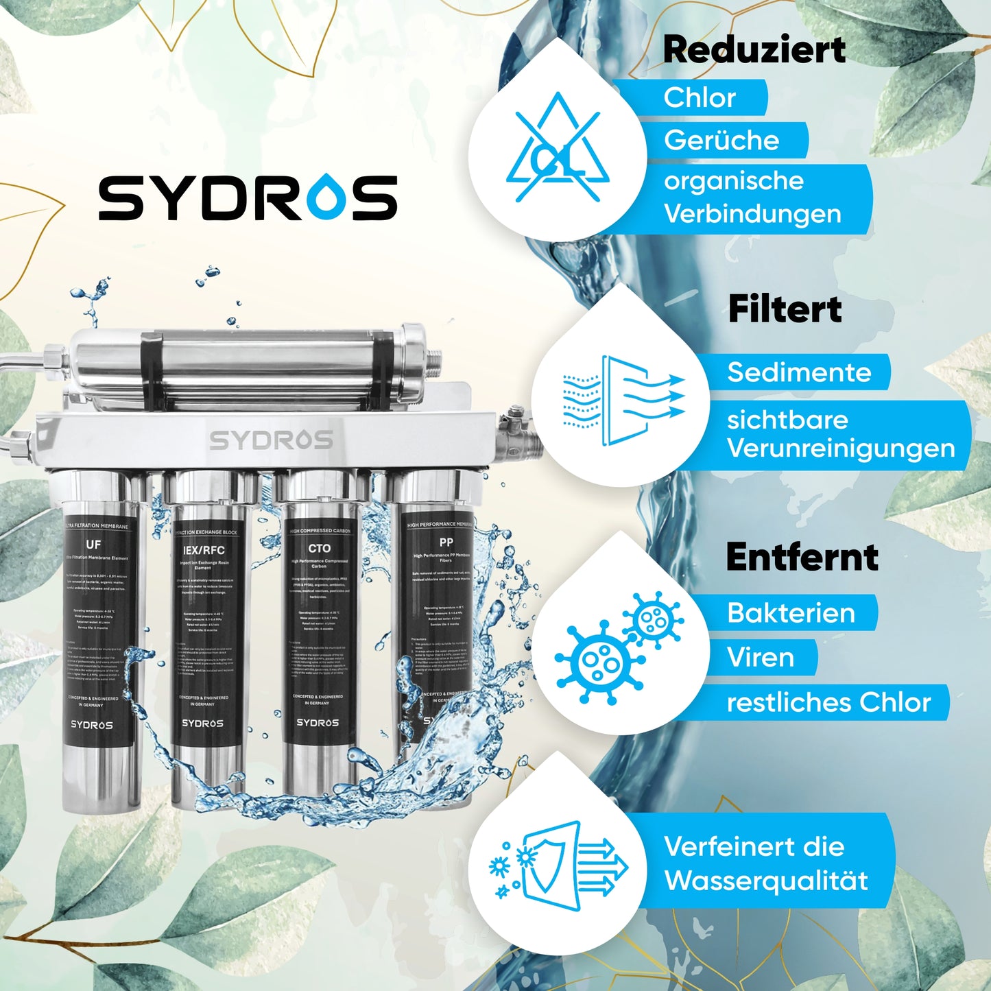 Der SYDROS Optimus 5-Stufen-Wasserfilter reduziert Chlor und Gerüche, filtert Sedimente, entfernt Bakterien und Viren und verbessert die Wasserqualität.