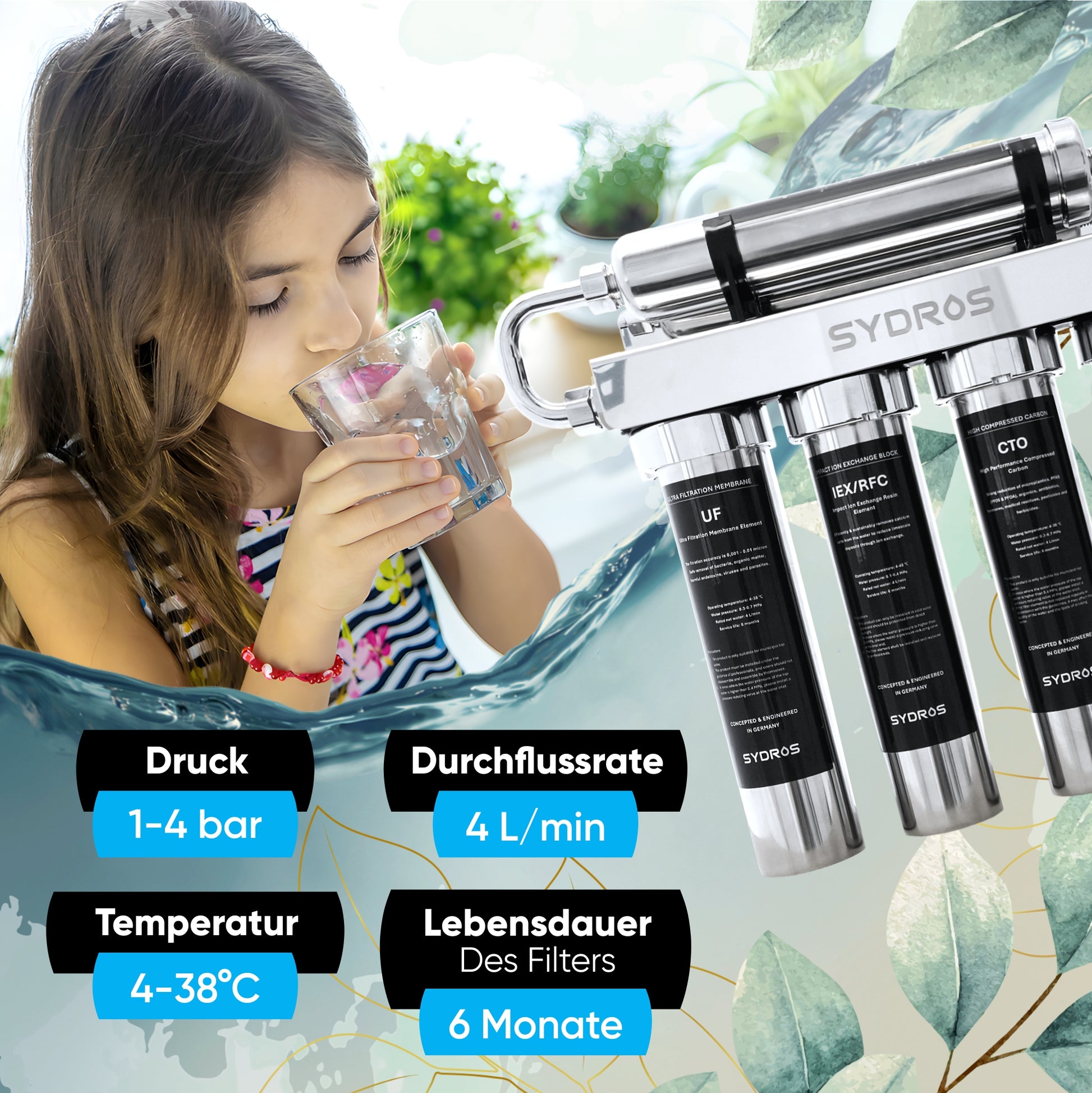 Mädchen trinkt sauberes Wasser aus dem SYDROS Optimus 5-Stufen-Wasserfilter mit Angaben zu Druck, Durchflussrate, Temperatur und Filterlebensdauer.