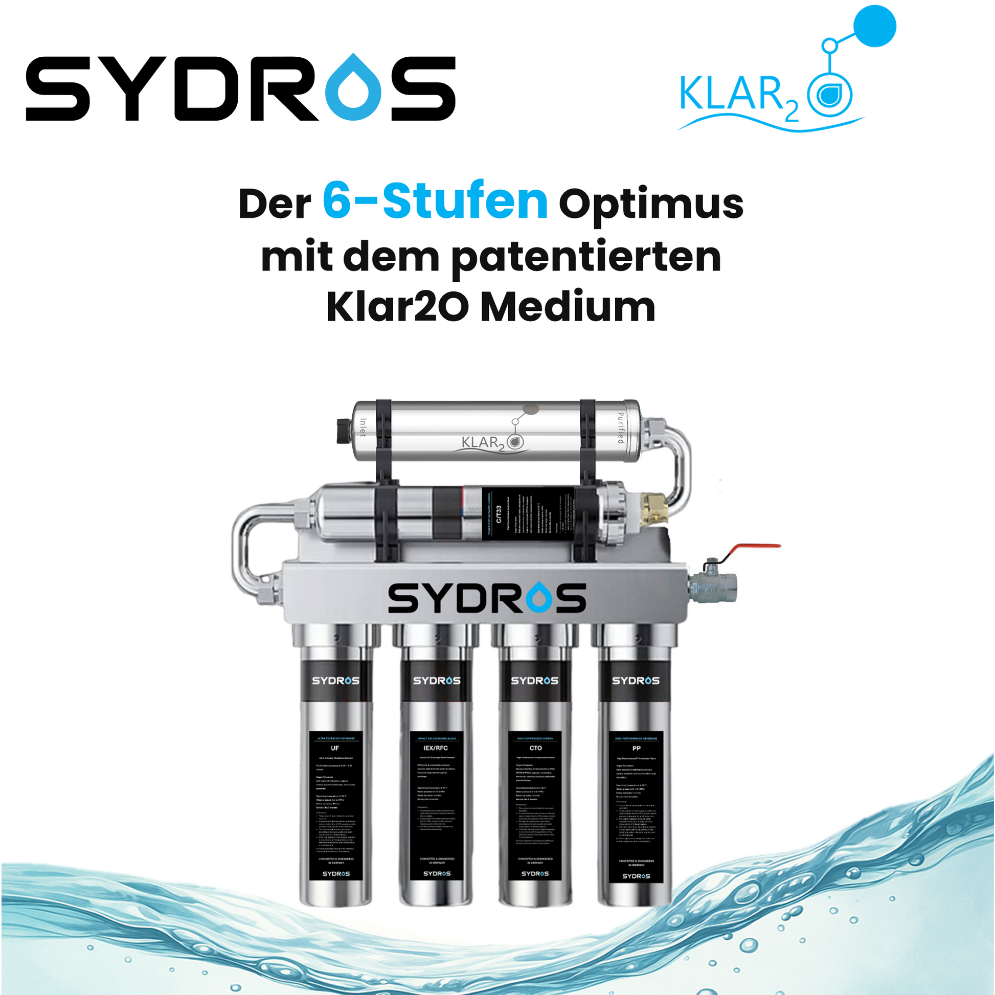 SYDROS Optimus 6-Stufen-Wasserfilter mit patentiertem Klar2O Medium – hochwertiges Edelstahl-Filtersystem für maximale Reinheit und Reduktion von Schadstoffen im Trinkwasser.