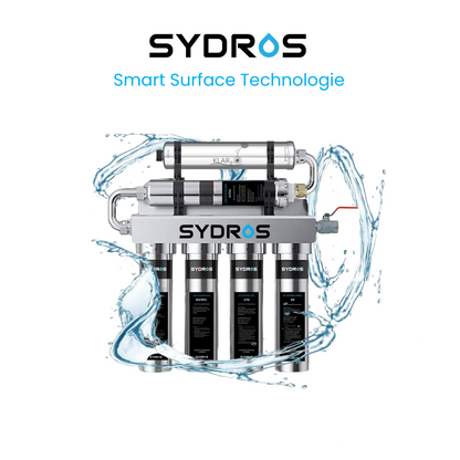 SYDROS Optimus 6-Stufen-Wasserfilter mit Klar2O Smart Surface Technologie – Edelstahl-Filtersystem zur Entfernung von Schadstoffen, Nanoplastik und PFAS aus Trinkwasser.