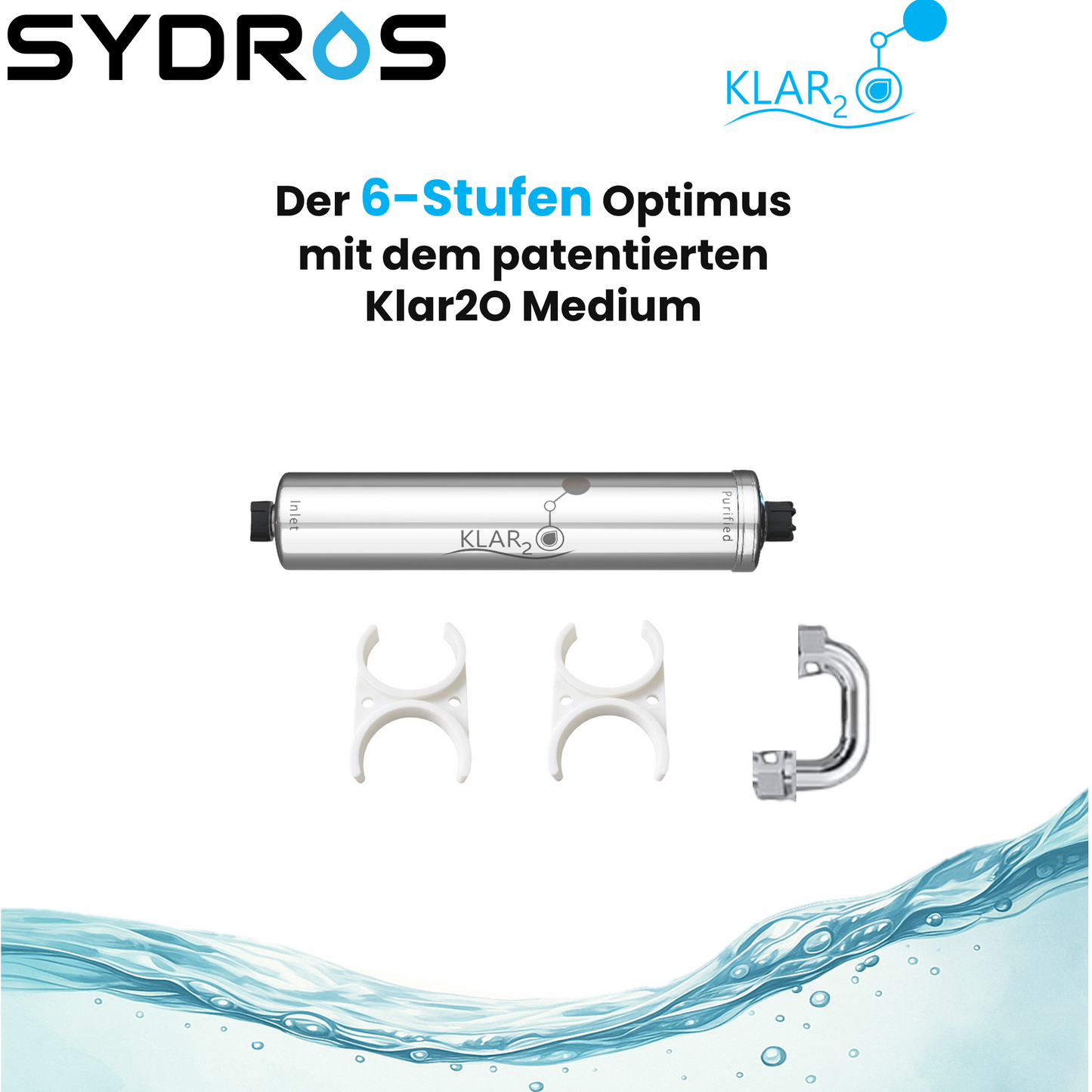 SYDROS Optimus 6-Stufen-Wasserfiltersystem mit patentiertem Klar2O Medium – Edelstahlgehäuse, Halterungen und Anschlussbogen im Lieferumfang enthalten.