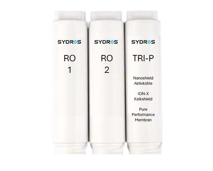 Dreiteiliges SYDROS ROLEXIS Filterset bestehend aus RO 1, RO 2 und TRI-P Kartuschen mit Nanoschild-Aktivkohle, ION-X Kalkschutz und Pure-Performance-Membran für maximale Wasserreinheit.