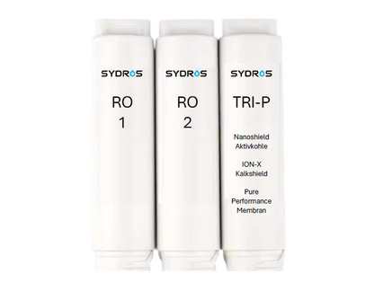 Dreiteiliges SYDROS ROLEXIS Filterset bestehend aus RO 1, RO 2 und TRI-P Kartuschen mit Nanoschild-Aktivkohle, ION-X Kalkschutz und Pure-Performance-Membran für maximale Wasserreinheit.