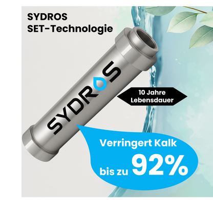 Der Sydros Kalkbrecher mit SET-Technologie reduziert Kalkablagerungen um bis zu 92 % und hat eine Lebensdauer von 10 Jahren.