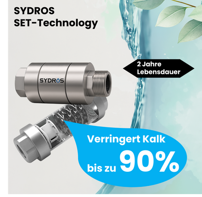 Sydros Kalkbrecher mit SET-Technologie reduziert Kalkablagerungen um bis zu 90 % und hat eine Lebensdauer von zwei Jahren.