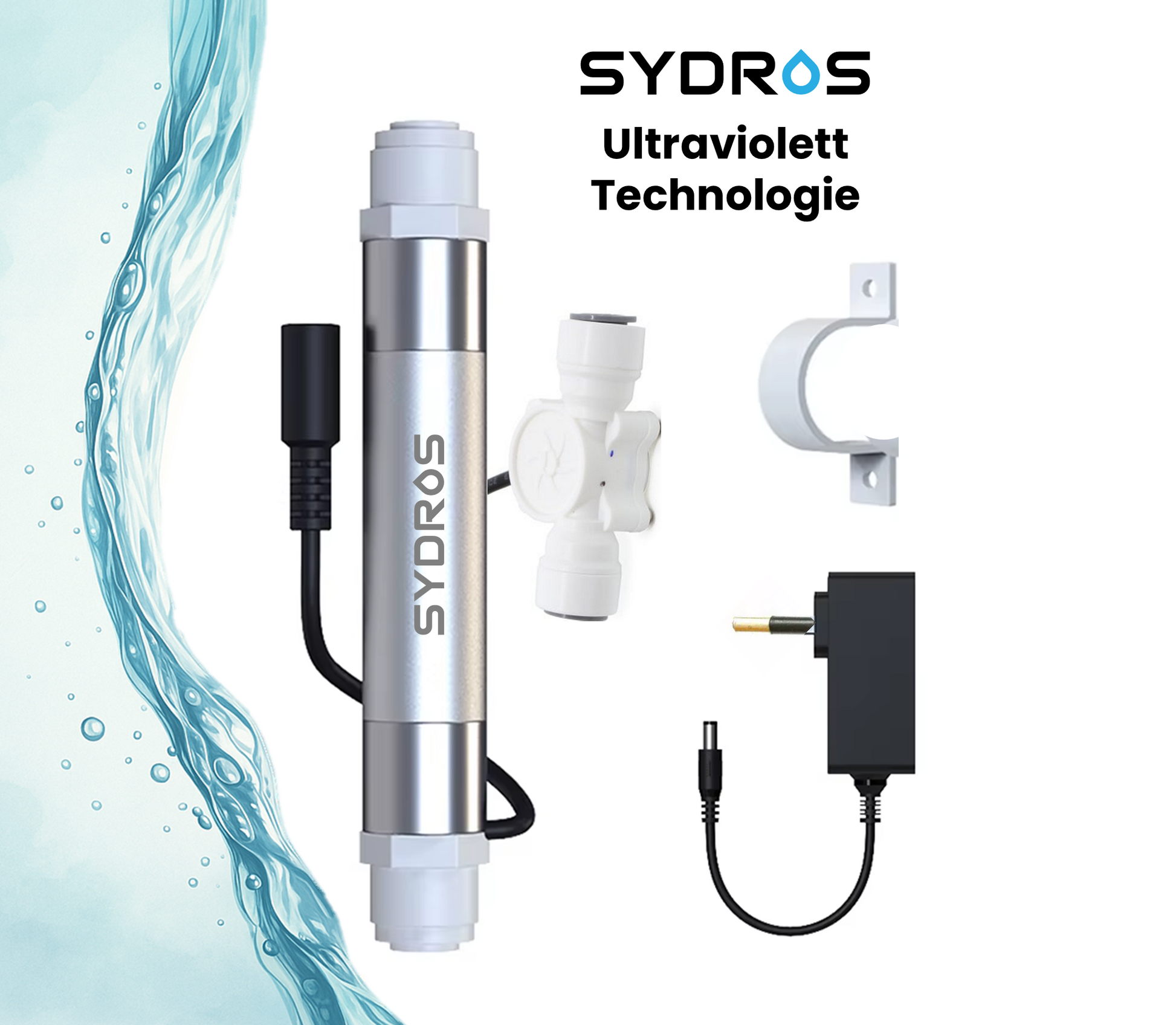 SYDROS UV-C Edelstahlfilter mit Netzteil, Flowswitch und Halterung – Komplettset mit moderner Ultraviolett-Technologie.